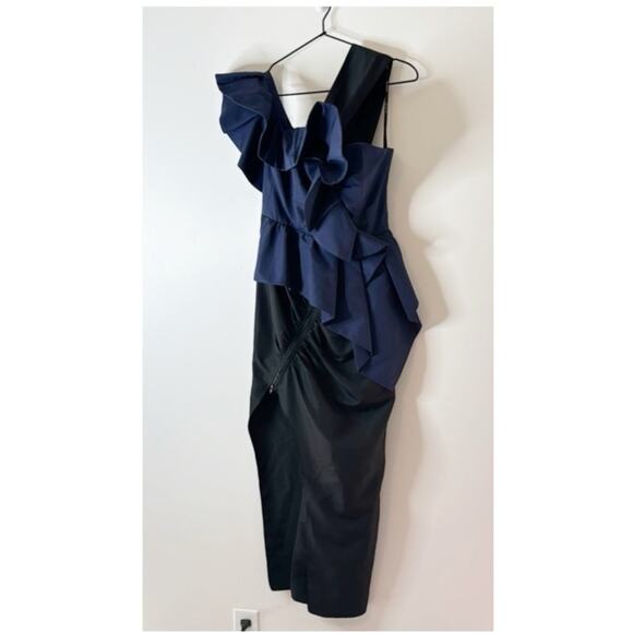 Self-Portrait Size 4 Navy Blue Black Asymmetrical Ruffle Midi Dress $580 - Picture 5 of 6